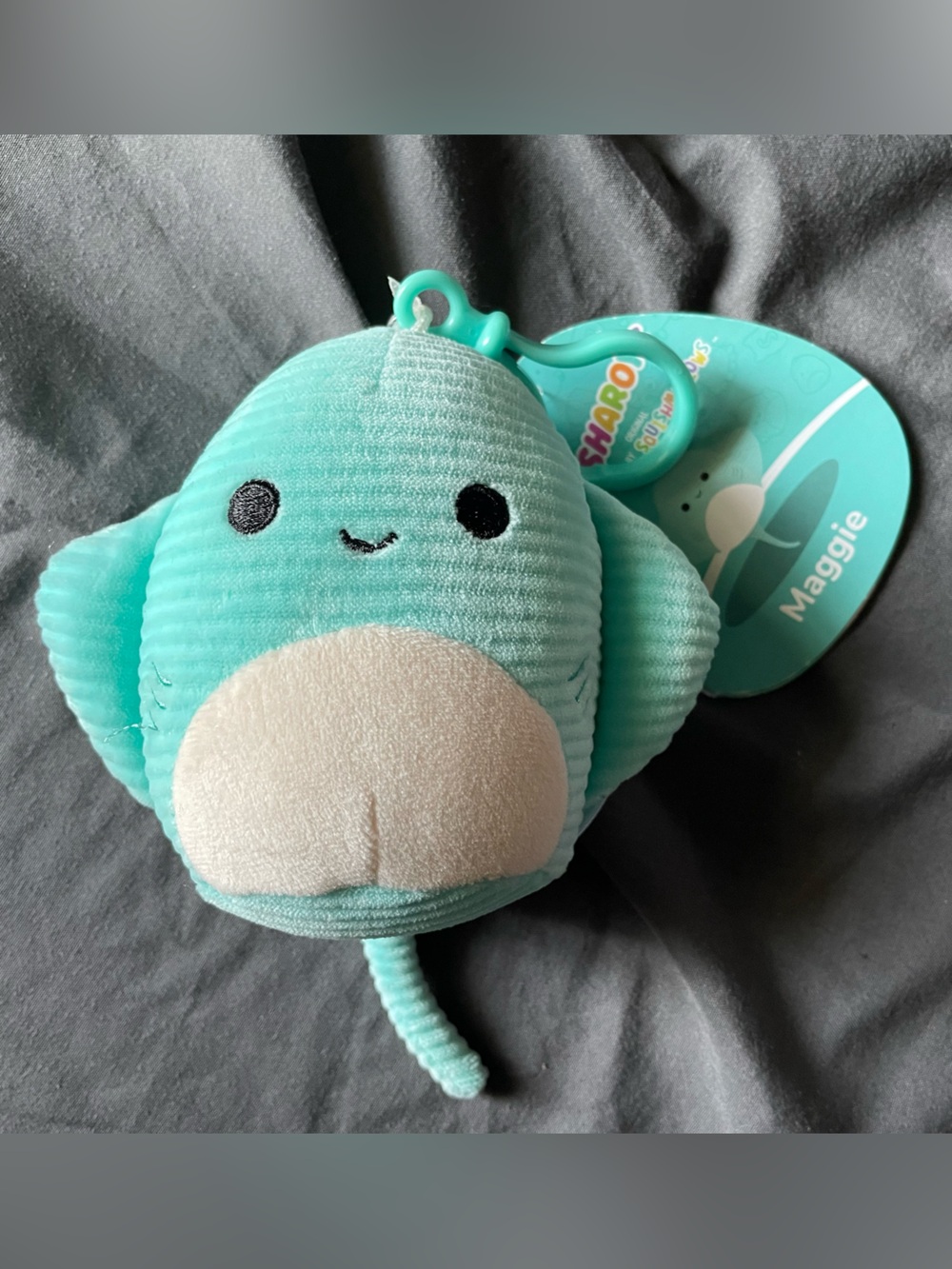 Squishmallows clip-on plush toy of Maggie the Stingray